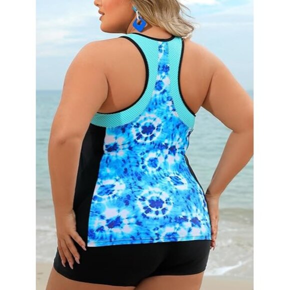 Angel Season Womens Plus Size Zipper Tankini Top Racerback Blue Tie-Dye Size XL - Picture 4 of 10